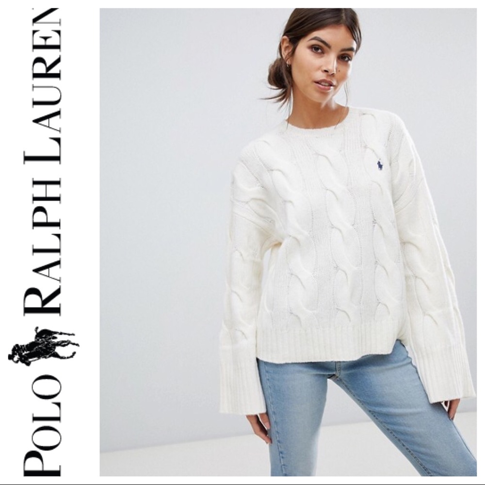 Cream Polo Cable Knit Crew Neck Sweater XL